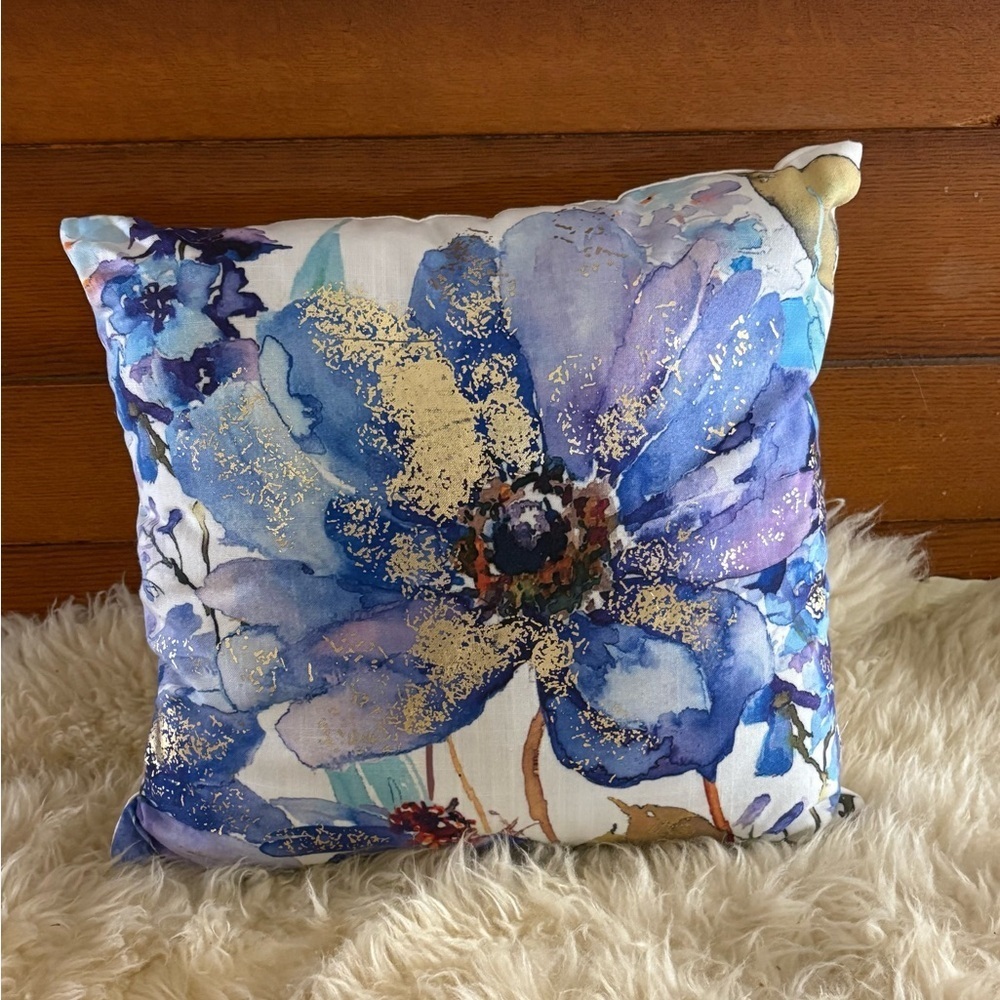 Floral Decorative Pillow with Purple Blue and Sparkling Gold Accents